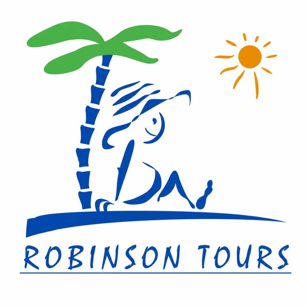Логотип торговой марки Robinson Tours с пальмой, солнцем и туристическим дизайном
